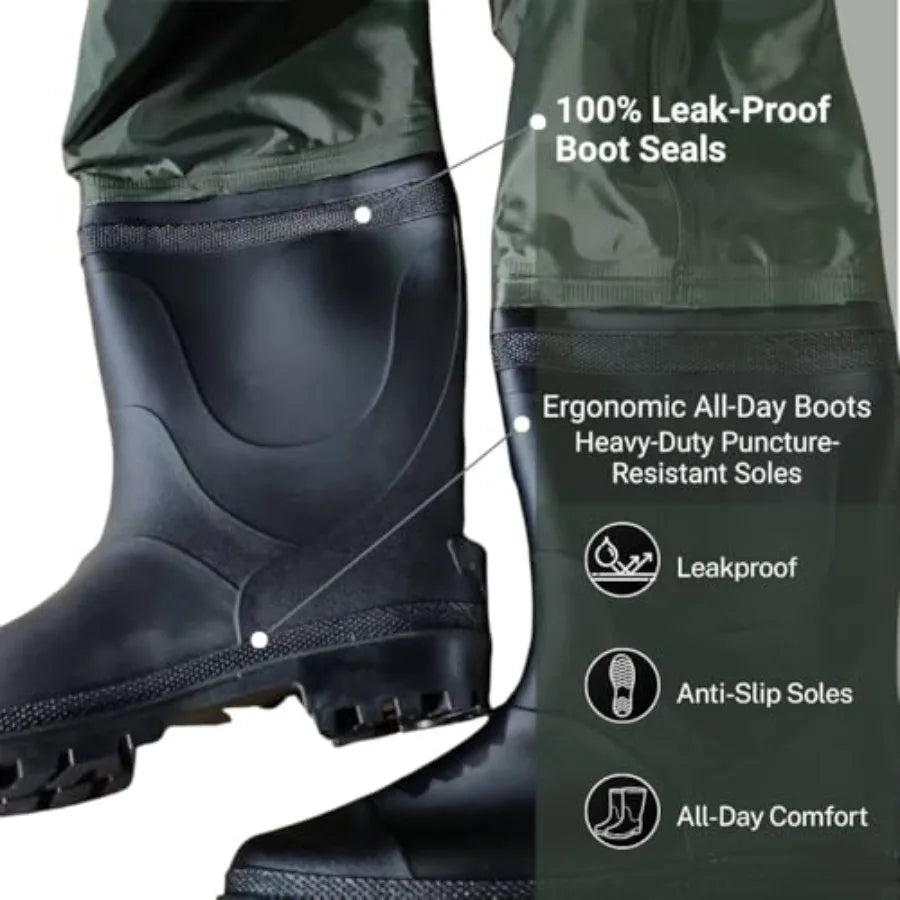 Fishing waders with boots for men and women, 700D nylon/PVC waterproof material, black, reinforced knees and 2-inch elastic adj