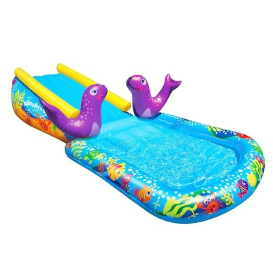 My First Water Slide for Outdoor Pool Inflatable Water Park with Blue and Yellow Design Durable PVC Material Easy to Set Up and