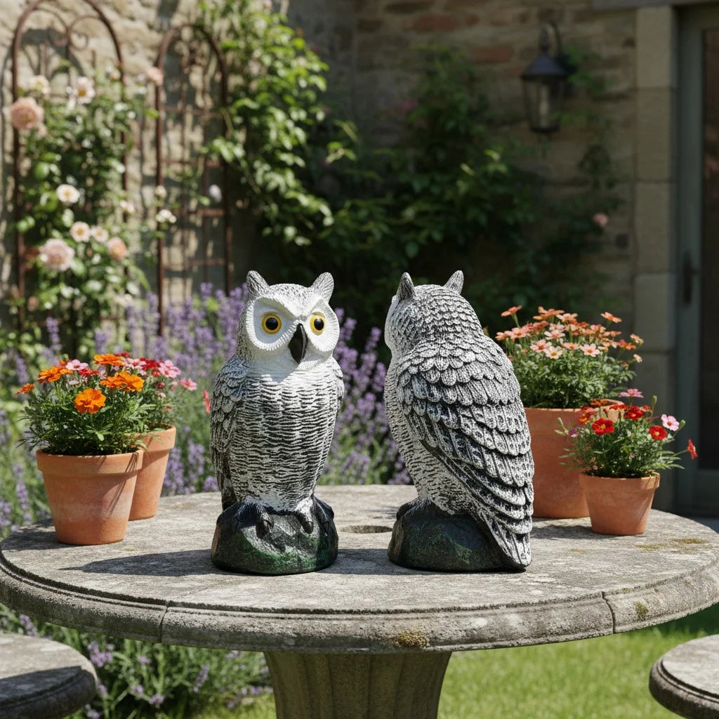 15.7" Garden Owl Statue Owl Decoys for Outdoor Garden Yard Plastic Owl Figurine Eyes to Scare Birds Away for Patio Lawn Ornament