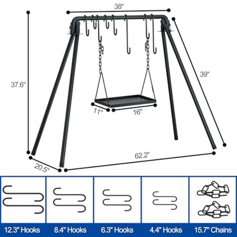 Outdoor Picnic Camping Cookware Hanging Rack with Cast Iron BBQ Grill Cooking Stand 8 Hooks Storage Bag Collapsible Bonfire Bar