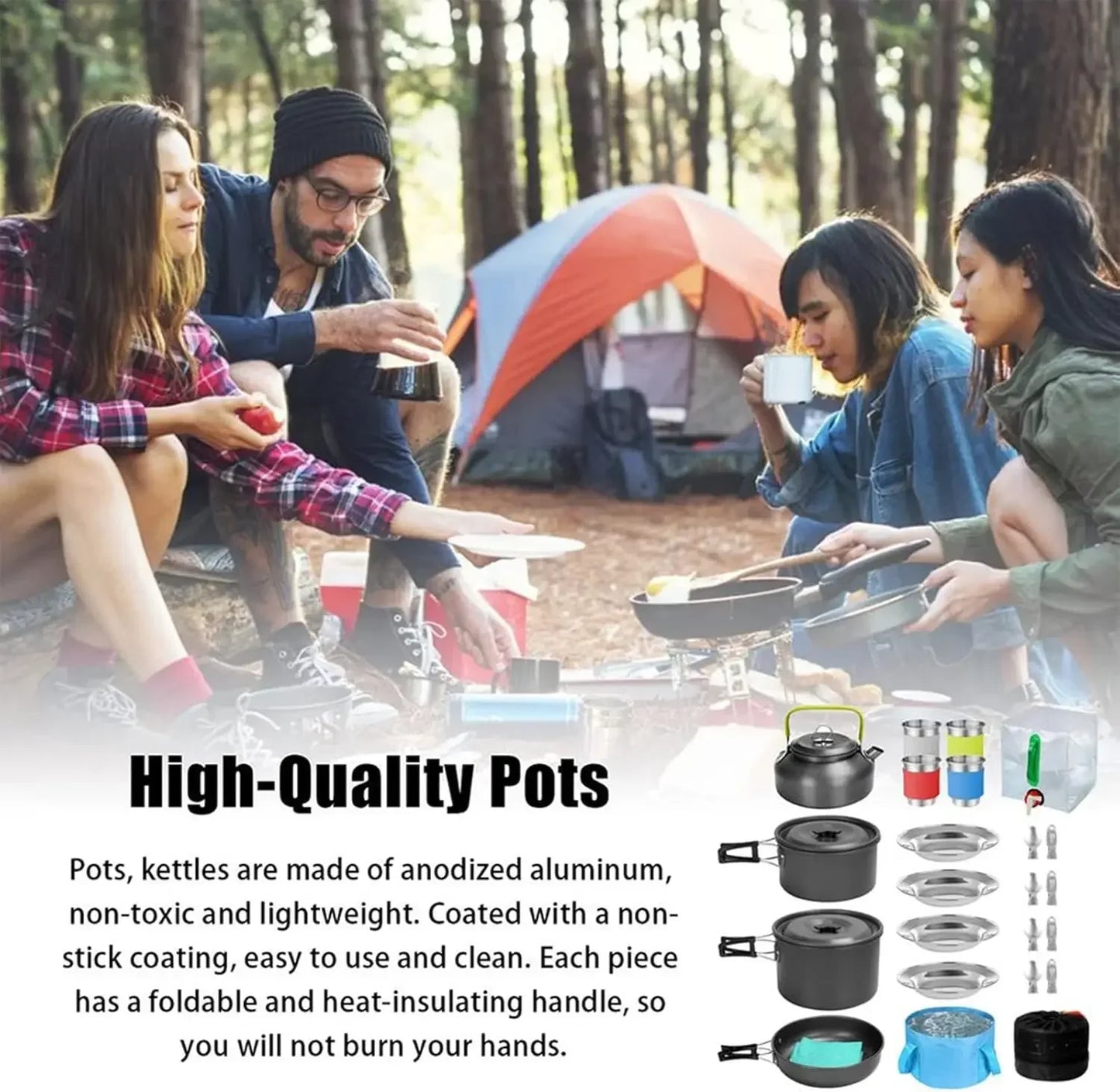 [Hot Deal, Limited Time Offer!]27PCs Outdoor Camping Cookware Kit Portable Cooking Set Non-Stick Tableware with Foldable Spoon F