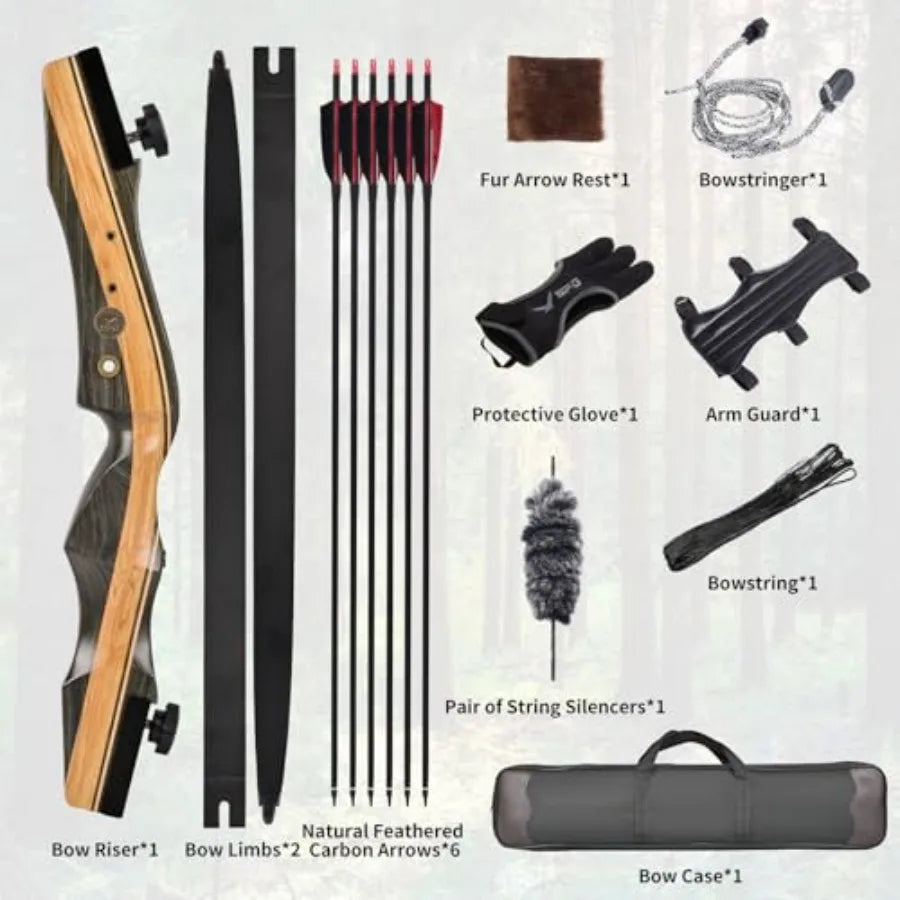 Archery Wooden Bow and Arrow Set for Adults 62'' Hunting Bow 30-50 Lbs Right Handed Takedown Recurve Bow with Fast Installation