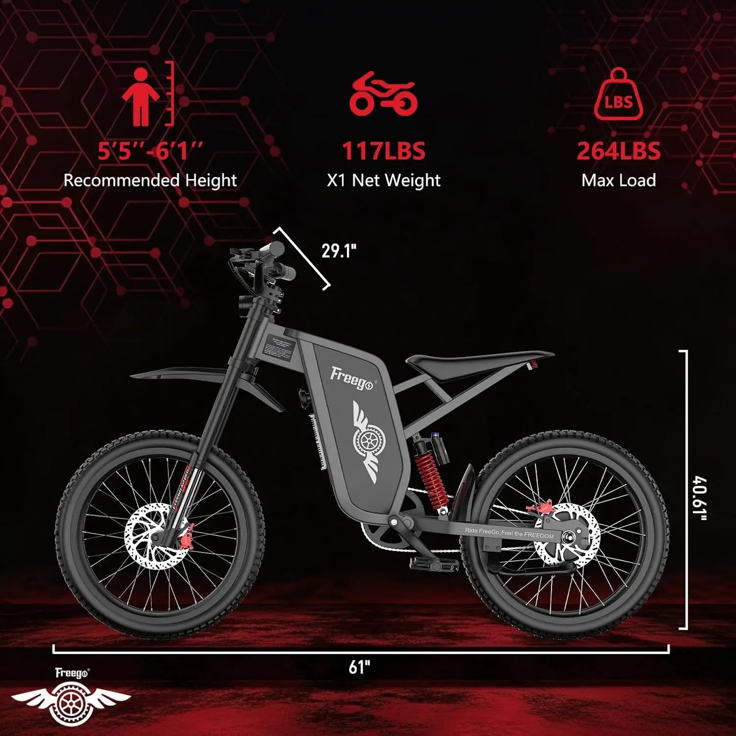 New Freego X1 All-Terrain Electric Dirt Bikes with Pedals 3000W Motor 60V/25Ah Battery Max 37MPH electric bicycle 17x1.6'' Tire