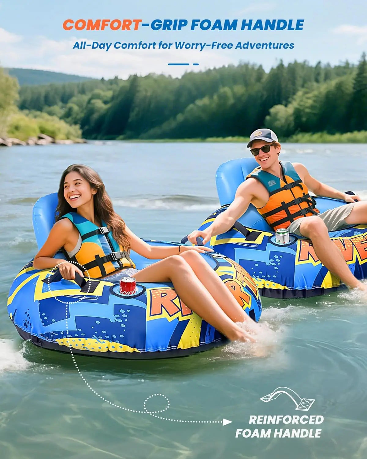 53" Heavy Duty Inflatable River Tube with Canvas Cover, Water Floats for Pool Lake, Rafts with Cup Holders and Grip Handles