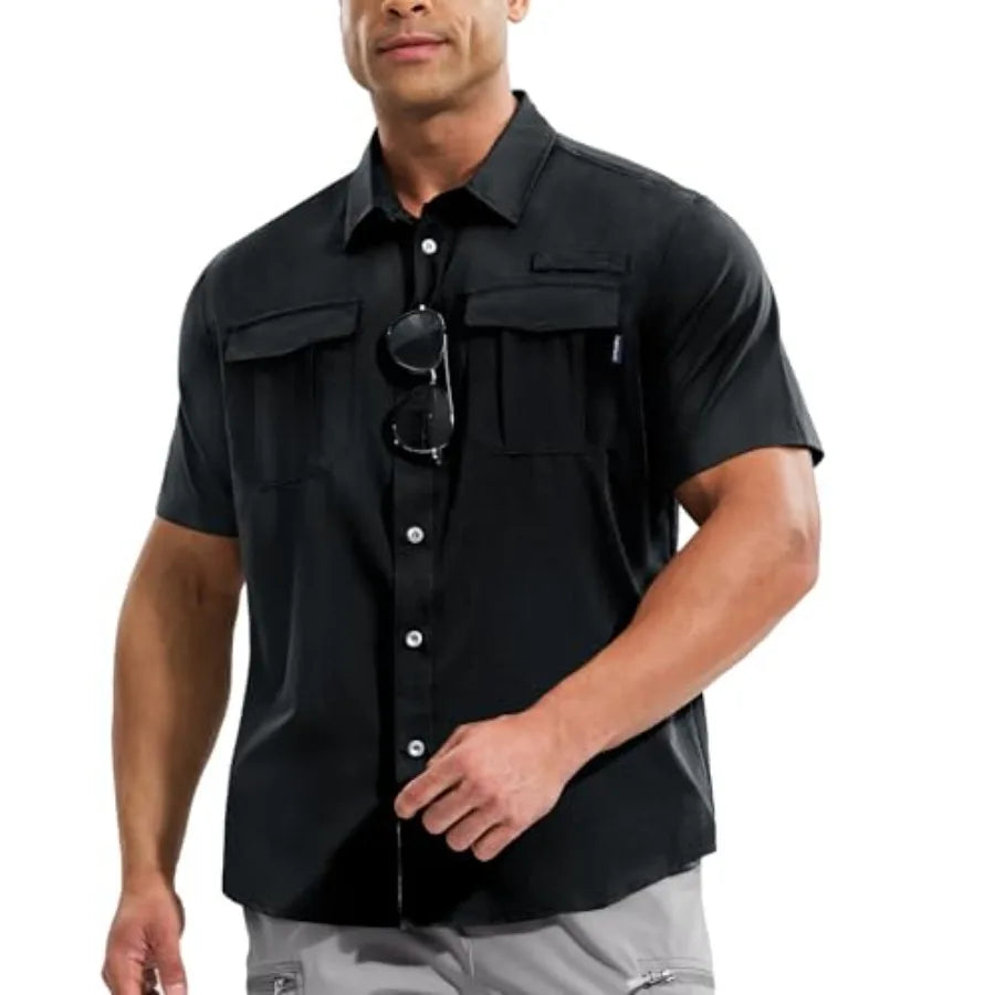 Haimont Men's Sun Protection Shirt Water Resistant Short Sleeve Button Down Shirt Quick Dry Cooling for Hiking Fishing
