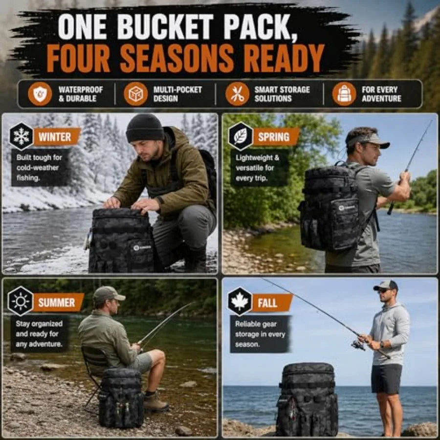 Fishing Bucket Organizer for 5 Gallon Bucket, Fishing Tackle Bag with Backpack Straps, Detachable Lid and Multi-Pockets for Sto