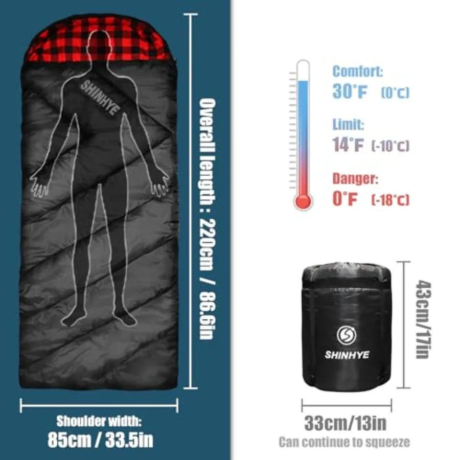 0 Degree Sleeping Bag for Adults - Cotton Flannel 4 Season Cold Weather Winter, XXL Big and Tall Camping Sleeping Bag with Comp