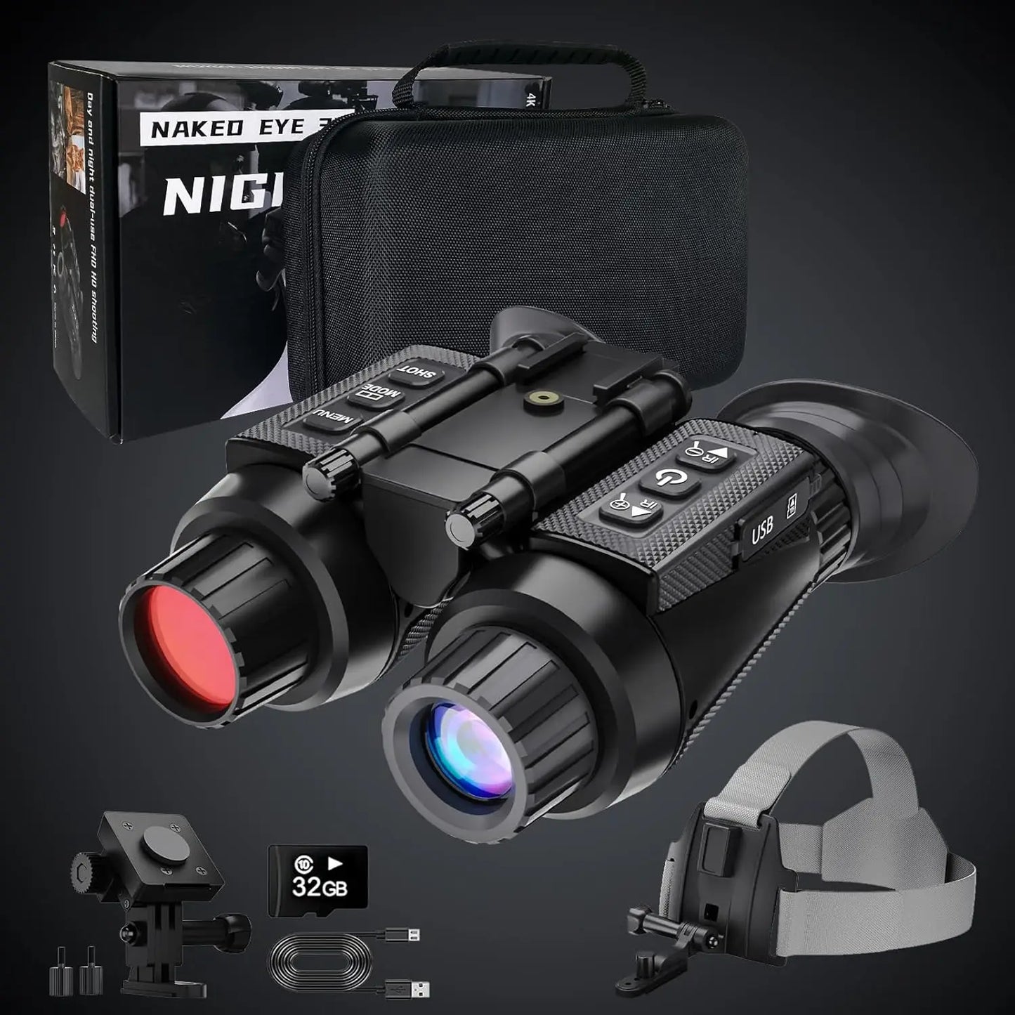 GOYOJO Head-Mounted Night Vision Goggles Rechargeable Hands Free Night Vision Binoculars Goggles, 32GB SD Card, 8X Digital Zoom