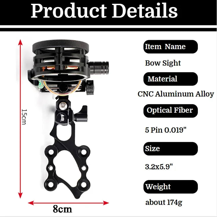 5 Pin Compound Bow Sight with 4x/6x/8x Lens 0.019" Optical Fiber CNC Aluminum Alloy Left/Right Hand Adjustable for Hunting Shooting Target Practice Archery Accessories
