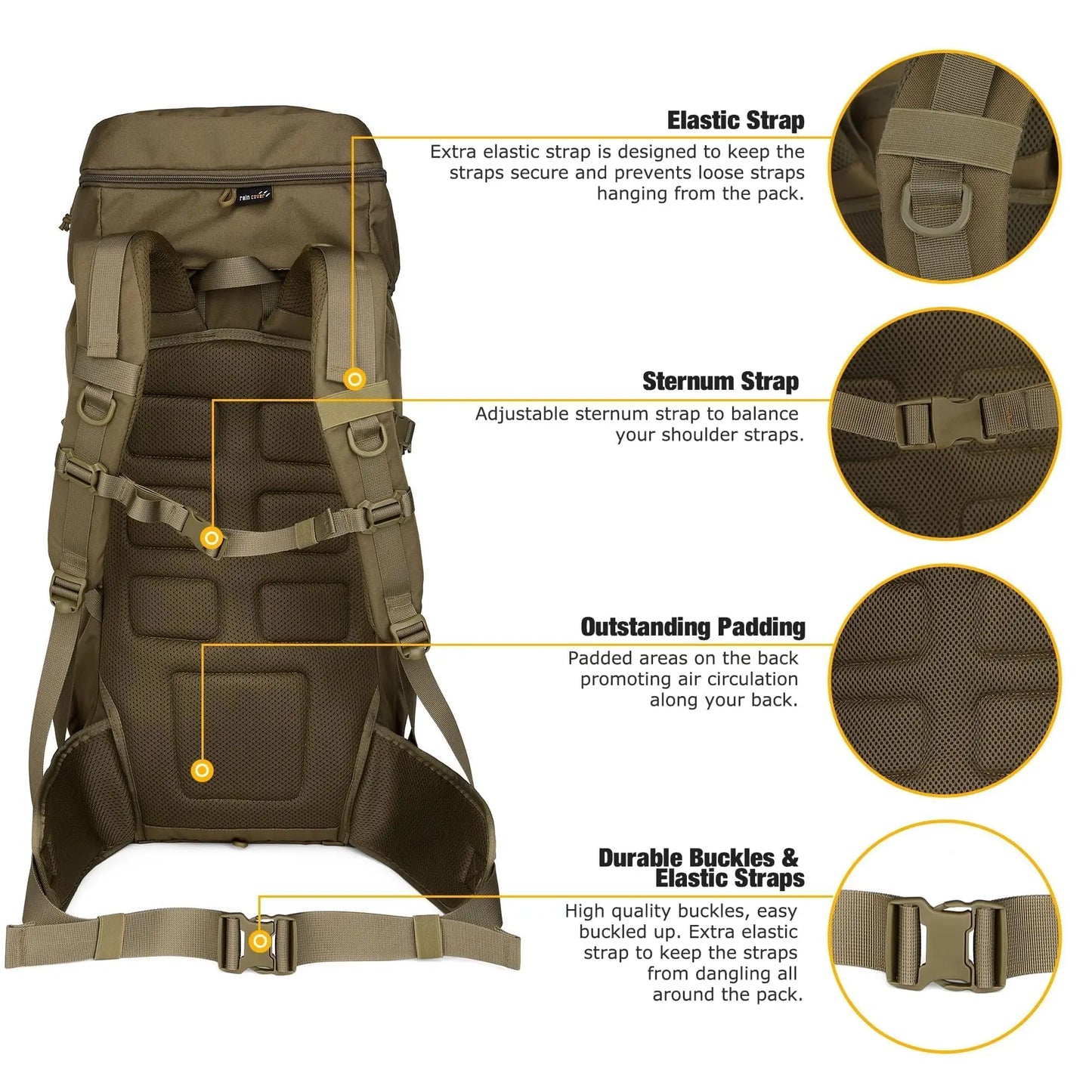 50L Hiking Backpack With Rain Cover For Backpacking Camping Survival