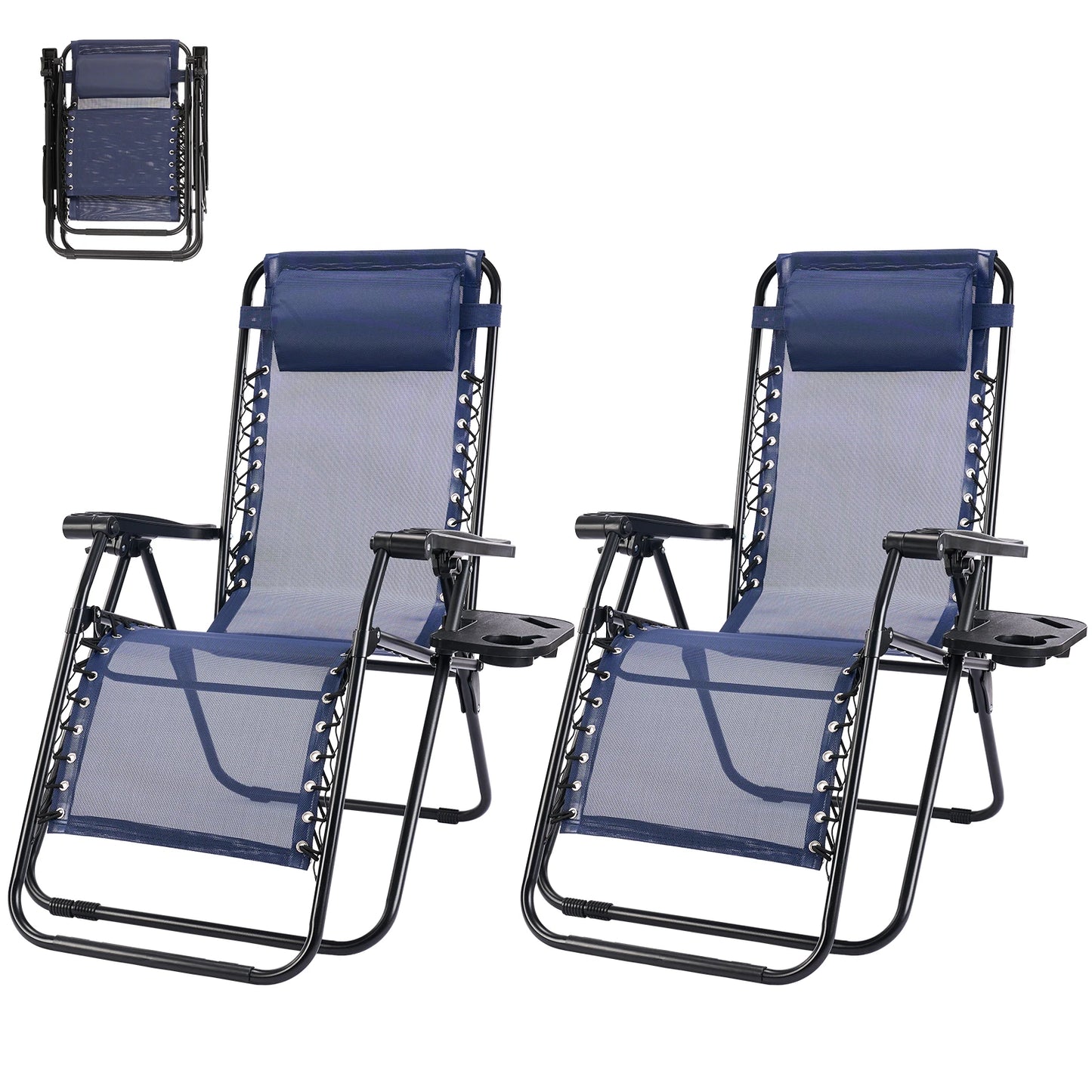 MCQ Outdoor Zero Gravity Chairs Set of 2 Folding Recliner Beach Camping Patio Lounge Chair with Cup Holder and Adjustable Pillow