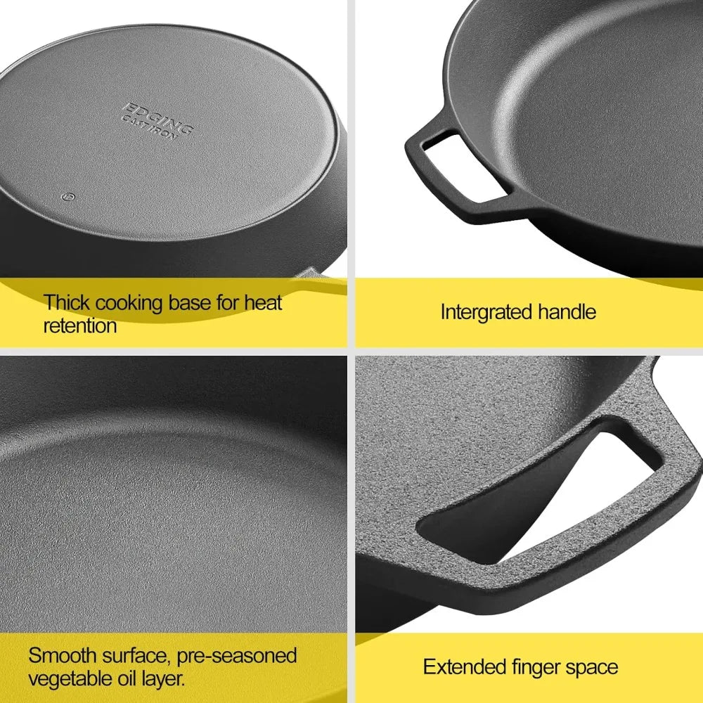 Pre-Seasoned 17 Inch Cast Iron Skillet, Dual Handle Camping Frying Pan, Pizza Pan, Oven Safe Cookware