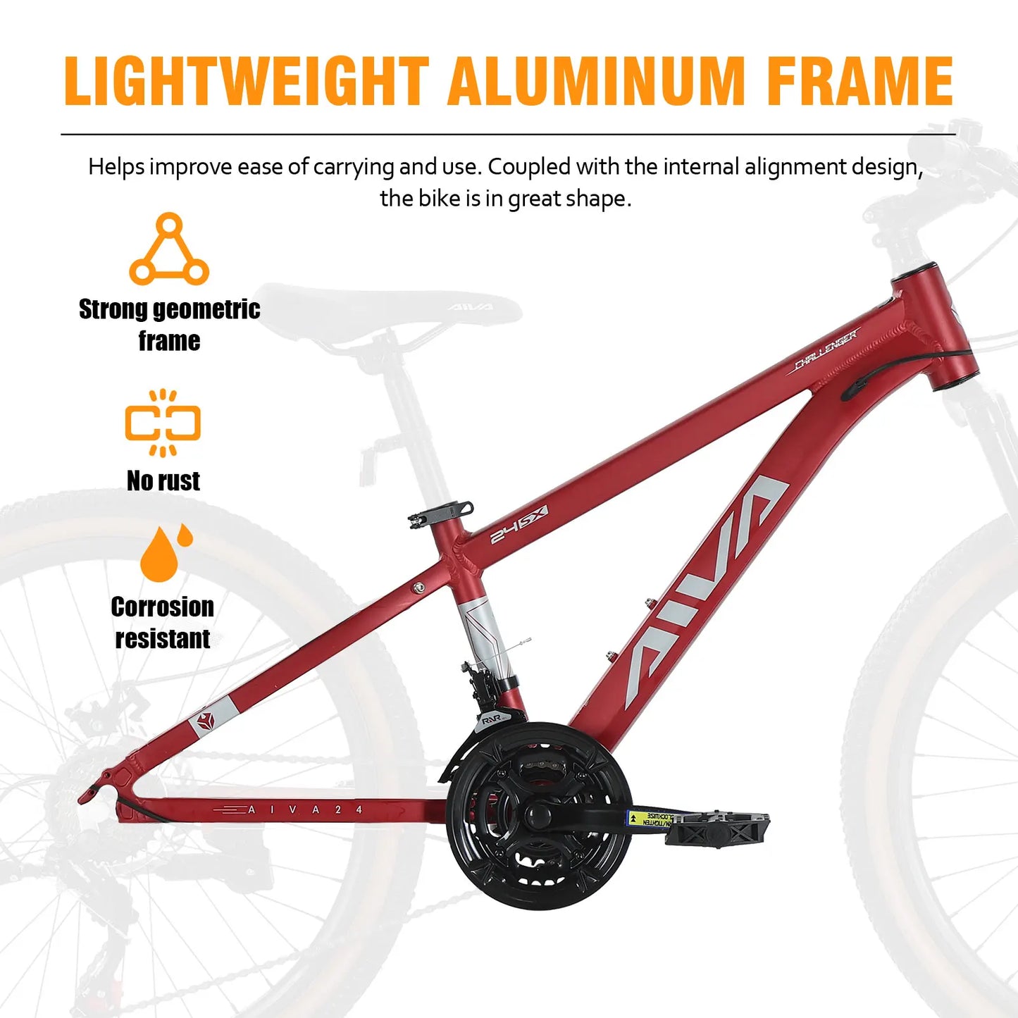 AIVA MT24FS 24 Inch Hardtail MTB, 21 Speed Mountain Bike, Bicycle for Teenagers and Adults, Lightweight Aluminum Frame, Suspension Fork, Front & Rear Disc Brakes