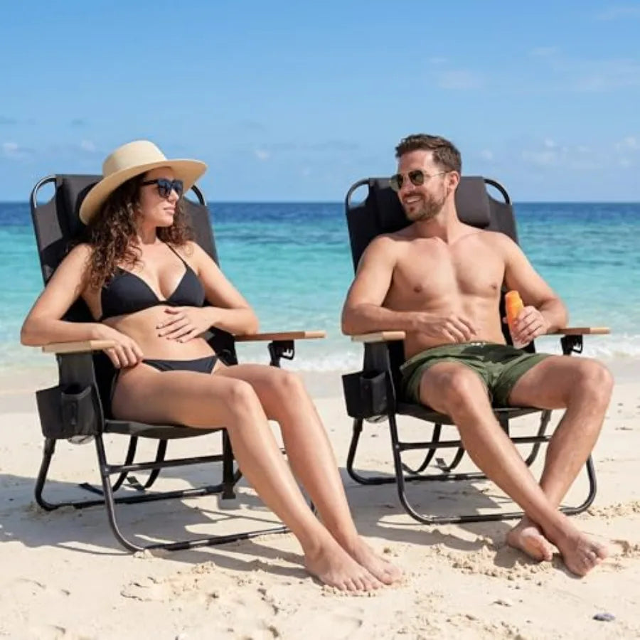 Portable beach chair for adults: lightweight outdoor camping chair with wooden armrests, black color, 5-position reclining flat