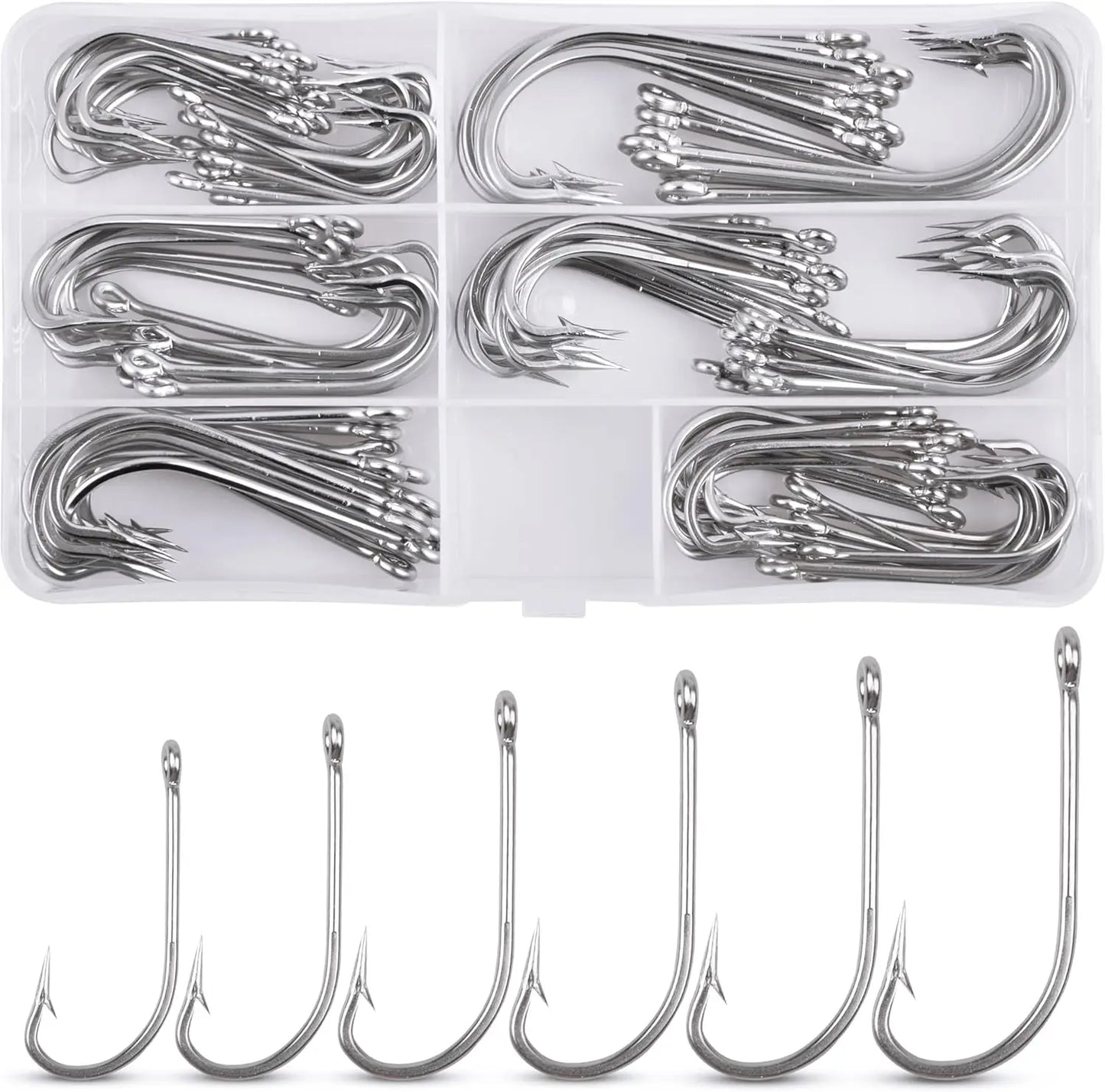 Saltwater Fishing J Hooks Kit,110pcs Forged Hooks Long Shank Stainless Steel J Fishing Hooks Set Trolling Sea Bass Fishhooks for Saltwater Freshwater