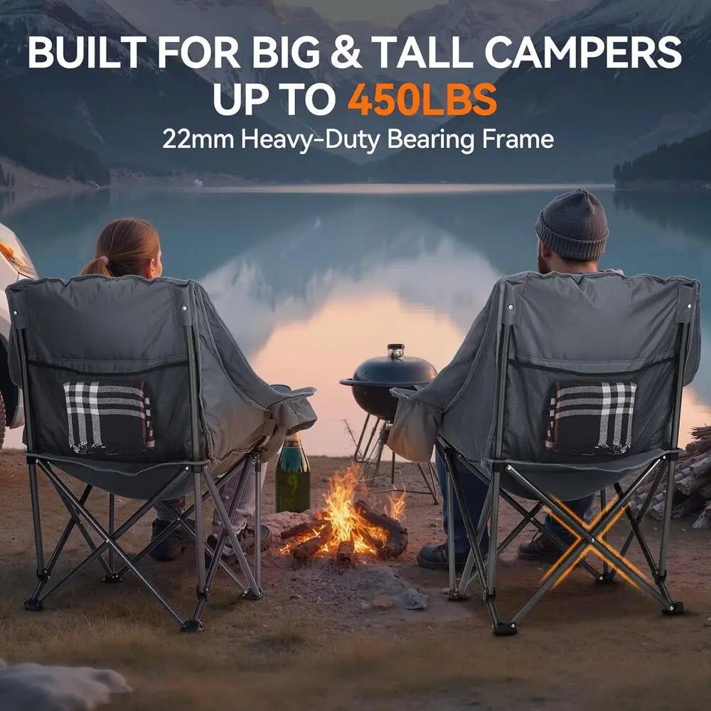 Oversized Padded Camping Chairs with Cup Holder and Cooler Bag, Heavy-Duty Portable Lawn Chairs for Outdoor Sports, Supports 450