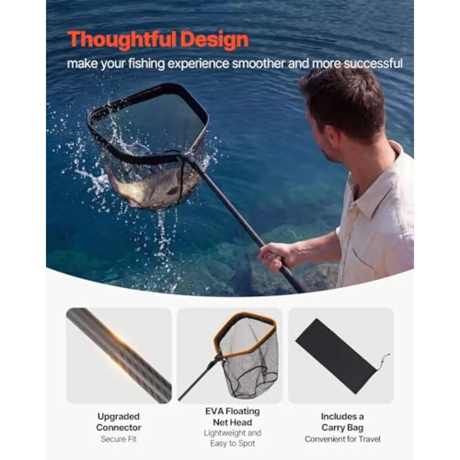 Fishing Net Foldable Landing Nets with Telescopic Handle Portable Lightweight Carbon Fiber Long Fish Gear Nylon Covered PVC Dur