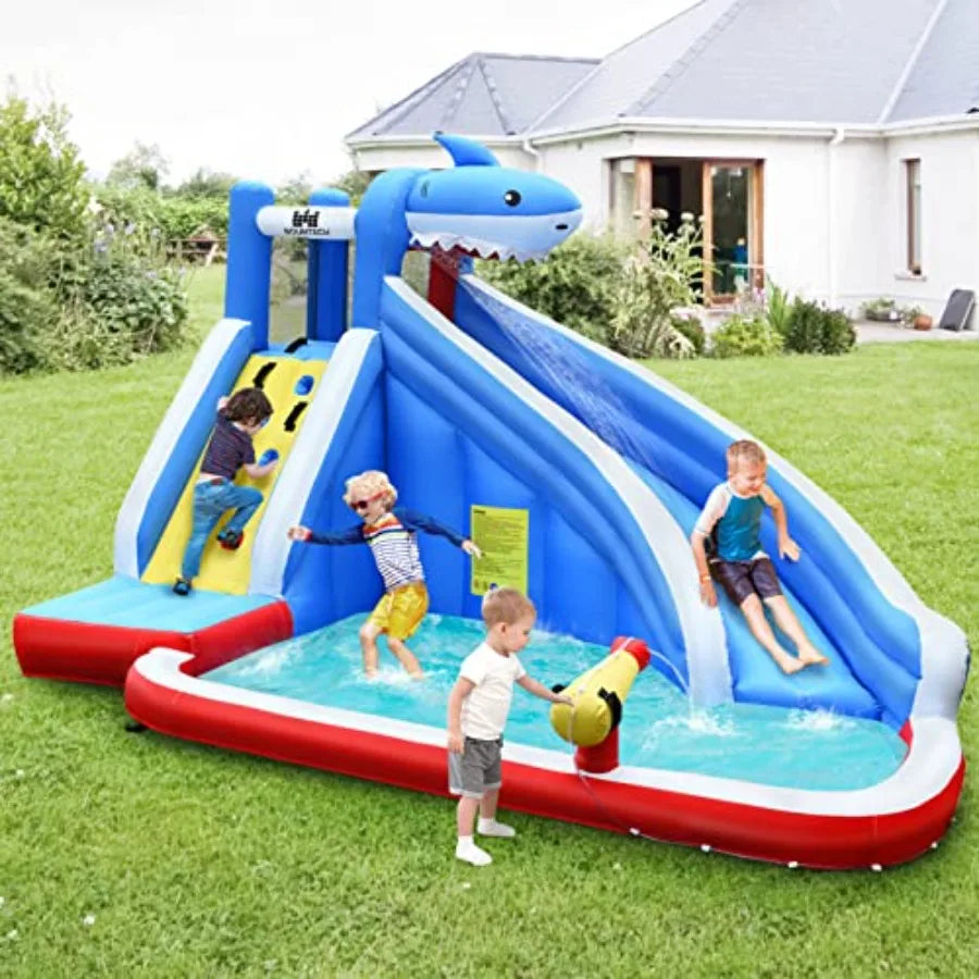 Inflatable Water Slide Shark Bounce House with Long Slide Climbing Wall Water Cannon Splash Pool for Outdoor Backyard Inflatabl