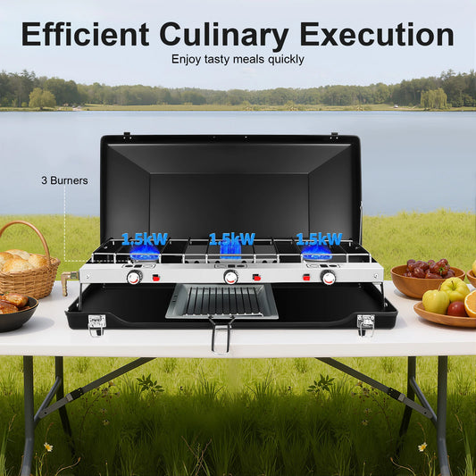 3-Burner Camping Stove 1500W Gas Camping Stove Portable Sturdy Cooking Stove for Camping Barbecues Parties