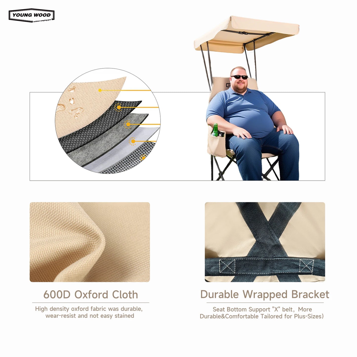2PC Fold Lightweight Oversized For All YOUNG WOOD Portable Camping Chair Beach Chair With Shade Canopy, Easy To Open And Close