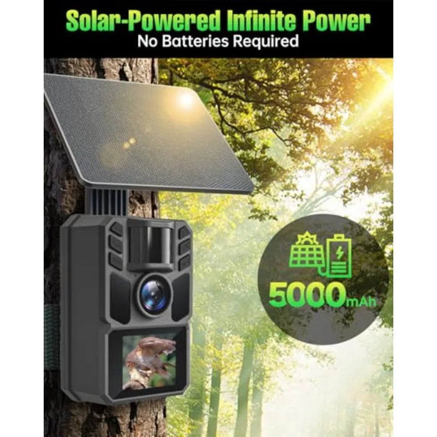 Trail Camera for wildlife hunting: solar-powered 4K 64MP with 5000mAh battery, 64GB SD card, IP67 waterproof housing, black alu