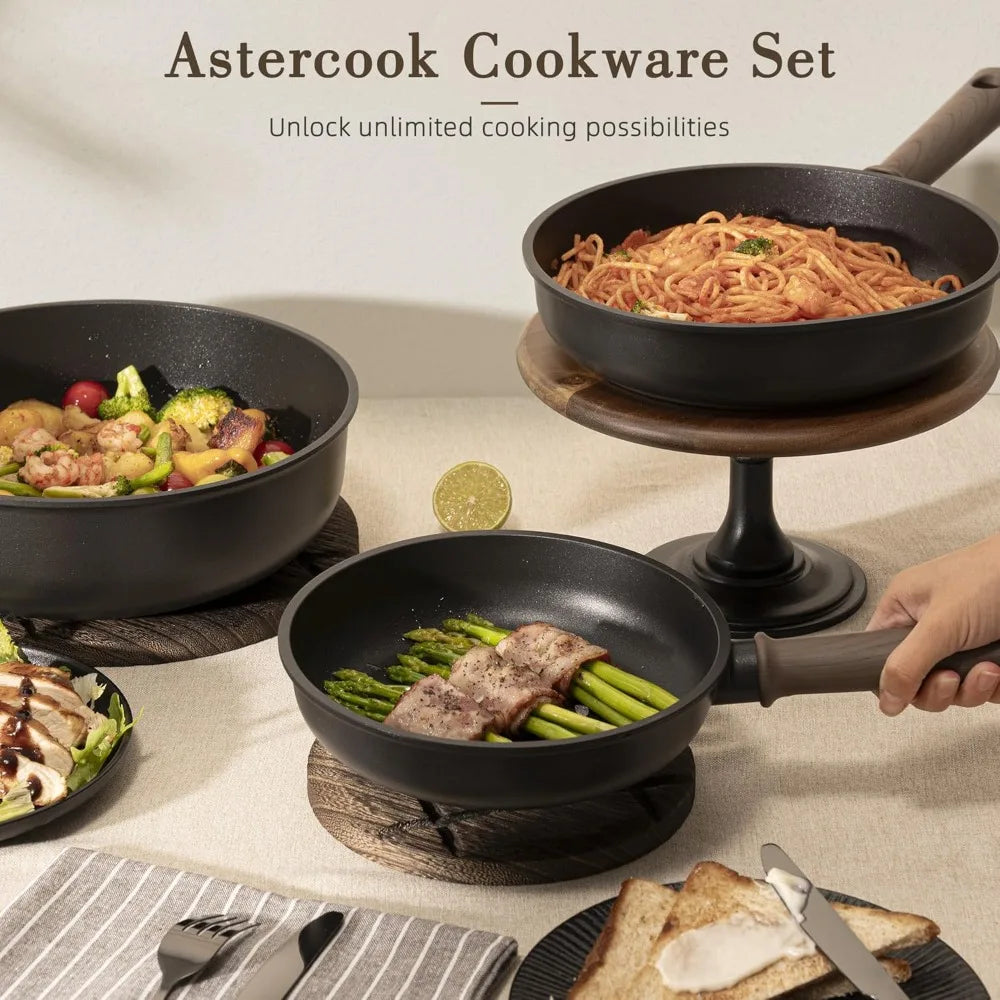 19 Pcs Pots and Pans Set Non Stick, Black Titanium Induction Cookware, PTFE PFOA PFOS Free