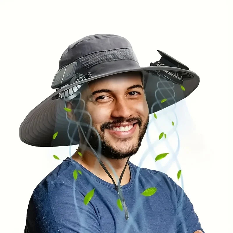 Solar-Powered Dual-Fan Cooling Sun Hat—Unisex Outdoor Wide-Brimmed Fisherman's Hat with UV Protection. Breathable Mesh Fabric Prevents Sweat Buildup. Ideal for Hiking, Fishing, Camping, and Cycling. Cool Hat for Summer Outd