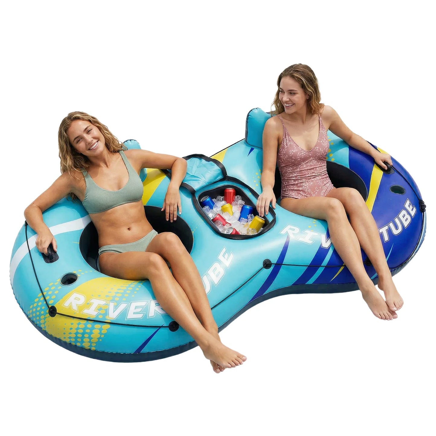 Inflatable River Tubes, Heavy Duty River Raft with Cooler & 2 Cup Holders, Deluxe Pool Float for Lake, Beach, Summer Relaxation