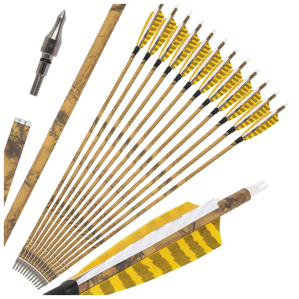 12PCS 30inch Archery Carbon Arrows 4" Natural Feather 500 Spine Removable Tips for Compound Recurve Bow Hunting Target