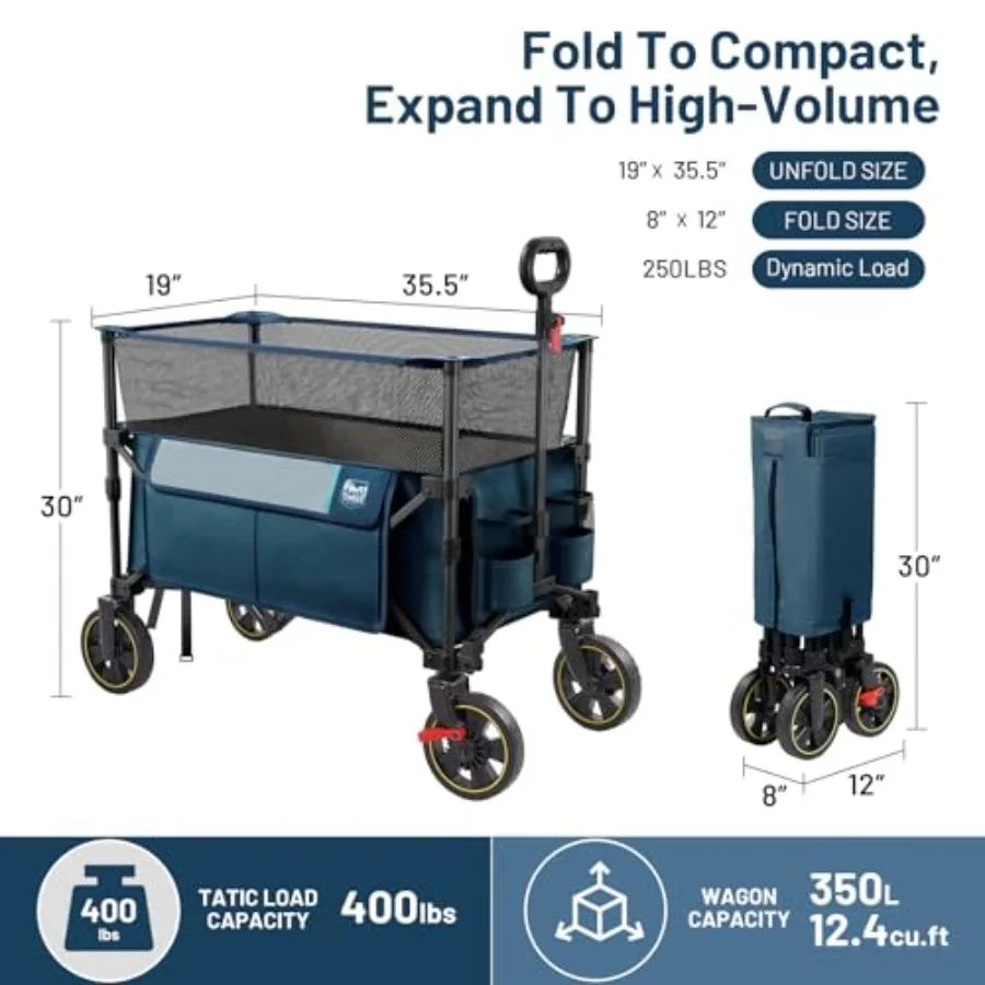 Outdoor camping utility wagon: 350L extra large collapsible folding cart with brake, heavy duty steel frame, blue color, extend