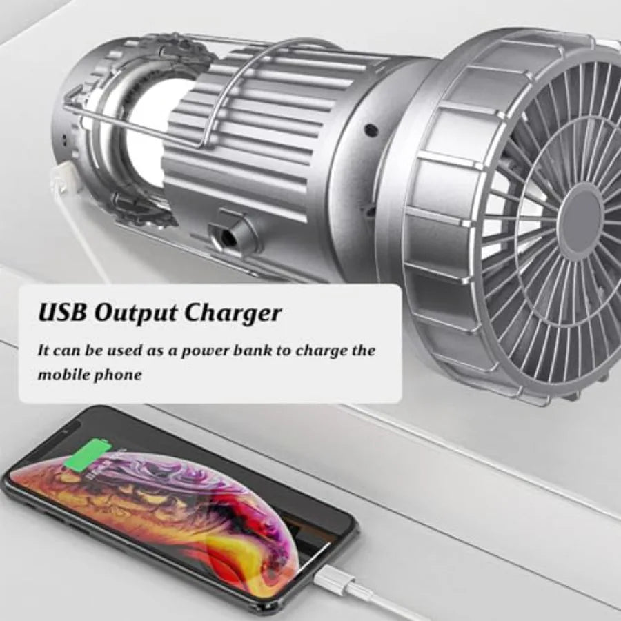 Solar Camping Lantern with Fan, Rechargeable Camping Fans Charging for Phone, Battery Operated Light for Hurricane Power Outage