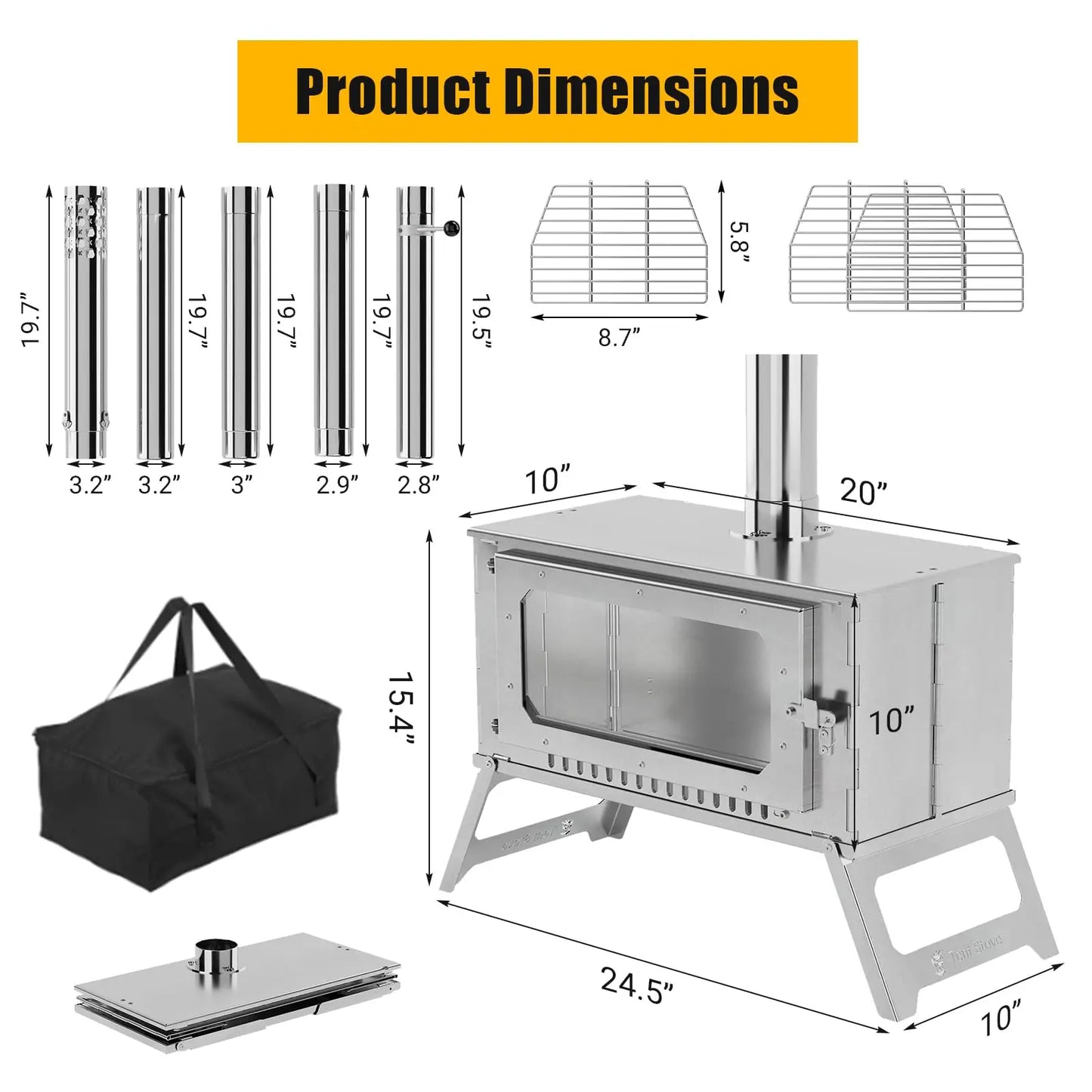Portable Hot Tent Stove,Wood Burning Stove for Camping, Tent Stove With View Glass, Large Stainless Steel Camping Stove With 5 Chimney Pipes and 3 Shelfs for Outdoor Heating and Cooking