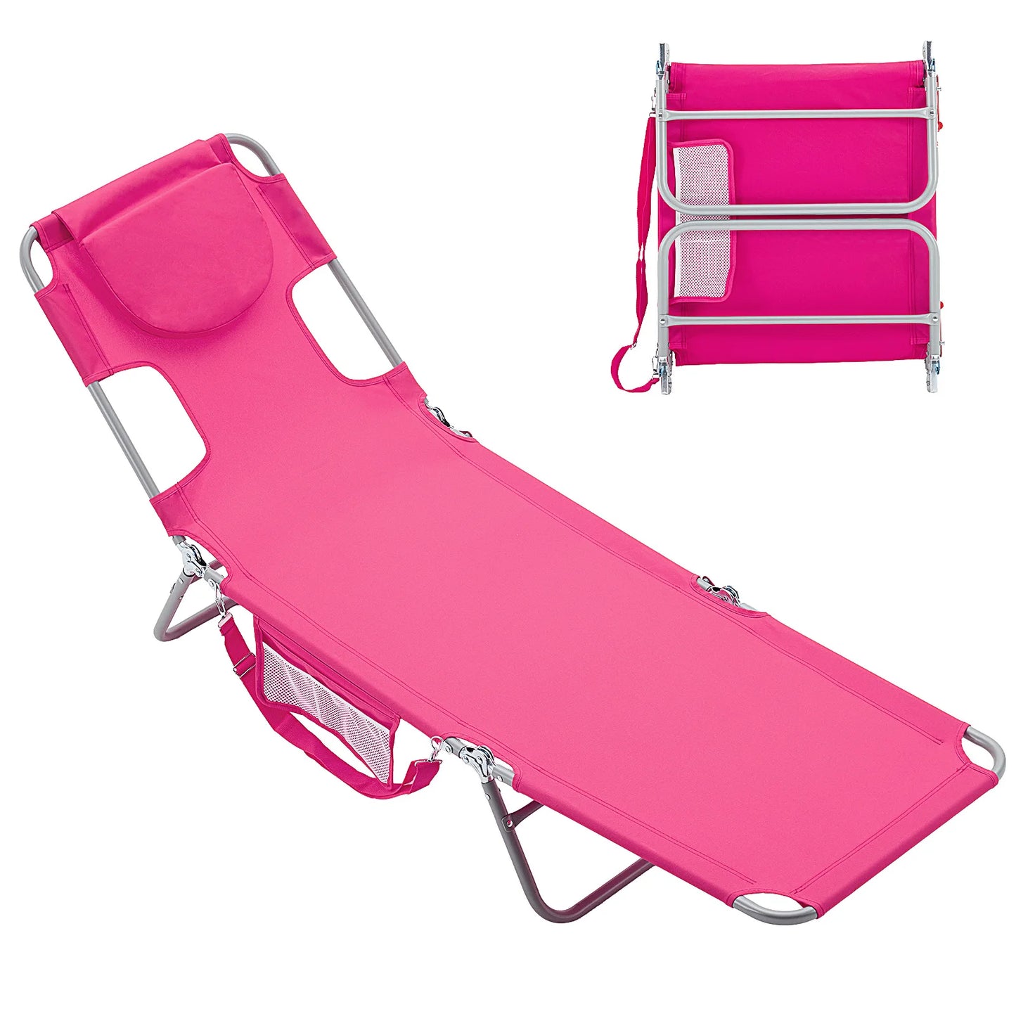 JHK 5-Position Adjustable Recline Beach Lounge Chair Portable Folding Sun Chairs with Face Arm Holes Max Load 225LBS for Patio