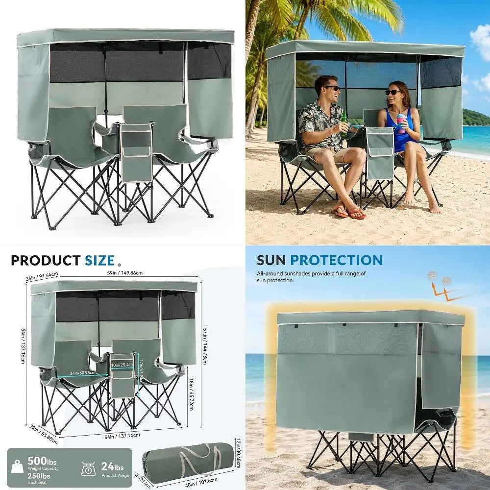 Beach Chair with Canopy Shade Oversized Camping Chairs with Canopy, Cooler Bag amp Cup Holder Folding Loveseat for Camp Fishing