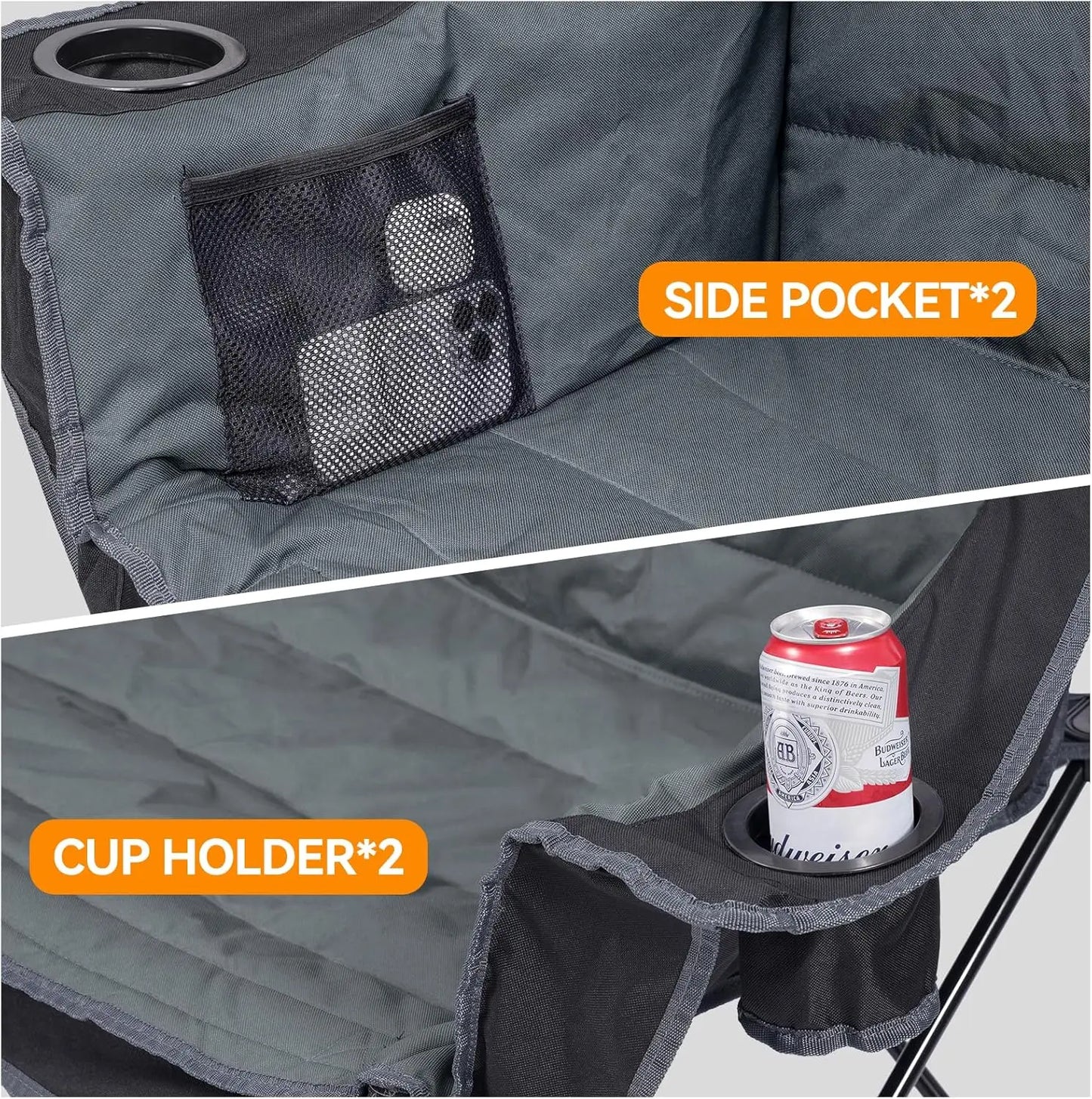 3 Person Folding Camping Chair, Heavy Duty Portable Outdoor Loveseat with Cup Holders & Carry Bag