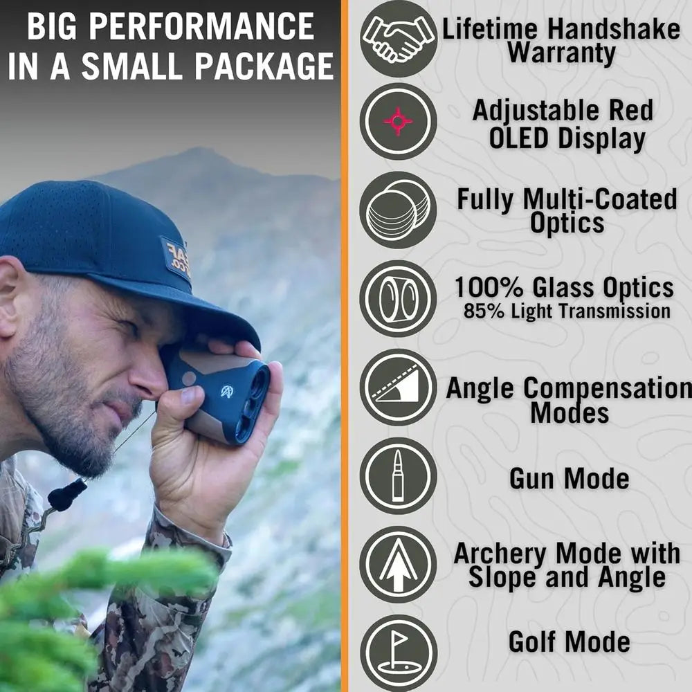 1600 Yard Laser Rangefinder for Hunting and Shooting with Red OLED/HD LCD Display, Fast 0.10s Readout, Accurate to +/-1 Yard