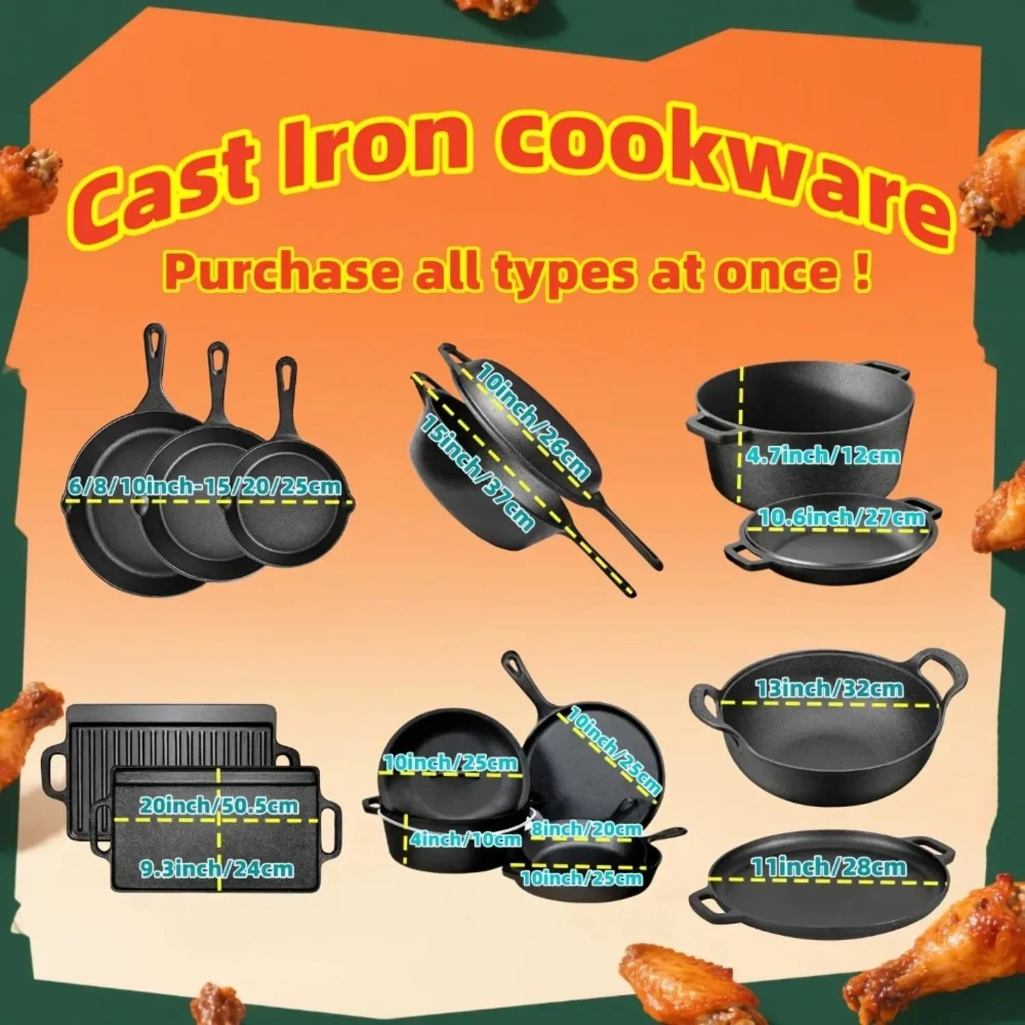 3PCS Pre-Seasoned Cast Iron Skillet Set, Pans for Oven Grill Campfire, Durable Cookware for Home Outdoor Cooking