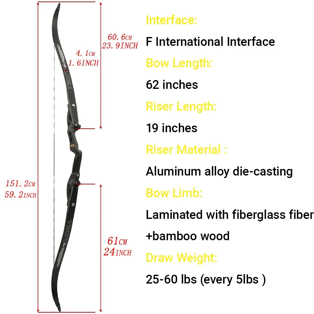 25-60lbs Recurve Bow 60 Inch Archery Bow F Interface Aluminum Alloy Bow Riser Glassfibre Bamboo Laminated Limbs Hunting Shooting