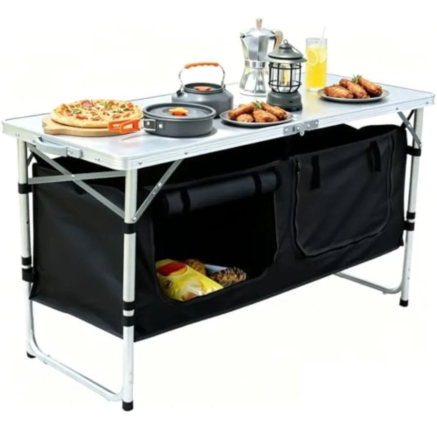 Camping Table, Folding Camping Table with Storage, Portable Kitchen Table, Lightweight, 3 Heights Adjustable Camping Furniture
