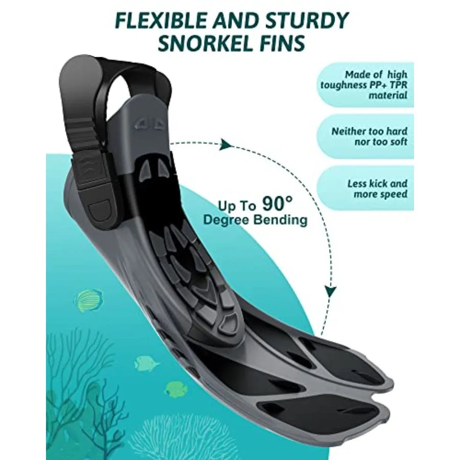 Mask Fins Snorkeling Gear for Adults, Full Face Snorkel Mask and Adjustable Swim Fins Snorkel Set, Panoramic View Snorkel Mask