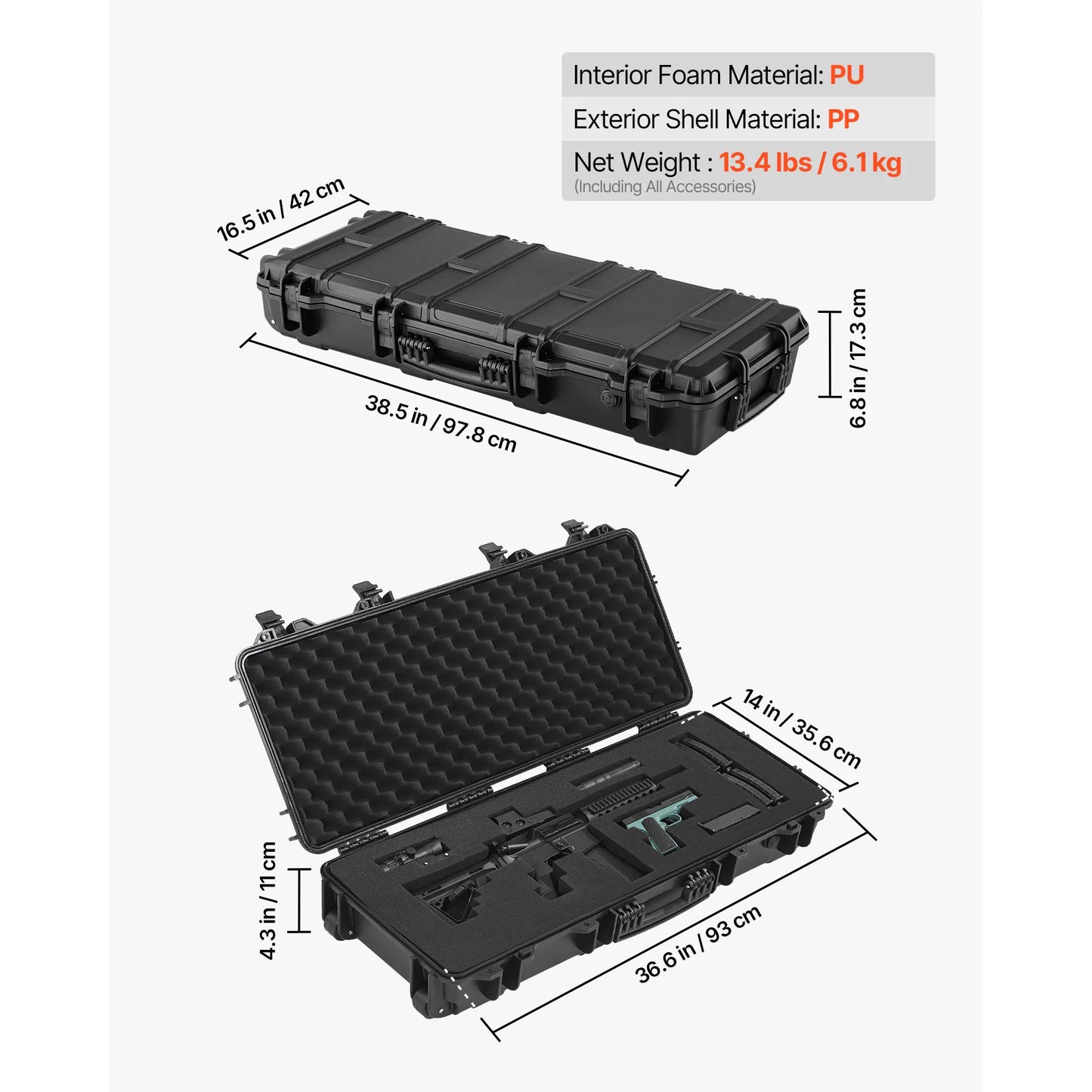 Hard Rifle Case Lockable Rifle Case with Pre-cut Foams Wheels IP67 Waterproof Pistol Storage Cases for Rifles Shotguns