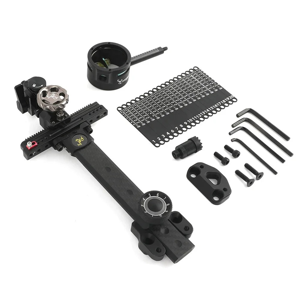 Single Pin Compound Bow Sight Carbon Fiber Extension Rod 0.019" Fiber Optic Pin Compatible with 4X 6X 8X Magnifying Lens Built-in Adjustable Aiming Light Right Hand Archery Aiming Accessory for Target Shooting and Outdoor Hun