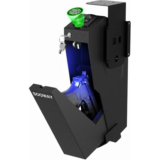 Gun Safe, Mounted Biometric Pistol Safe Drop Down Gun Lock Box for Handgun with 3 Ways Quick Access Bedside Pistol Case for Nigh