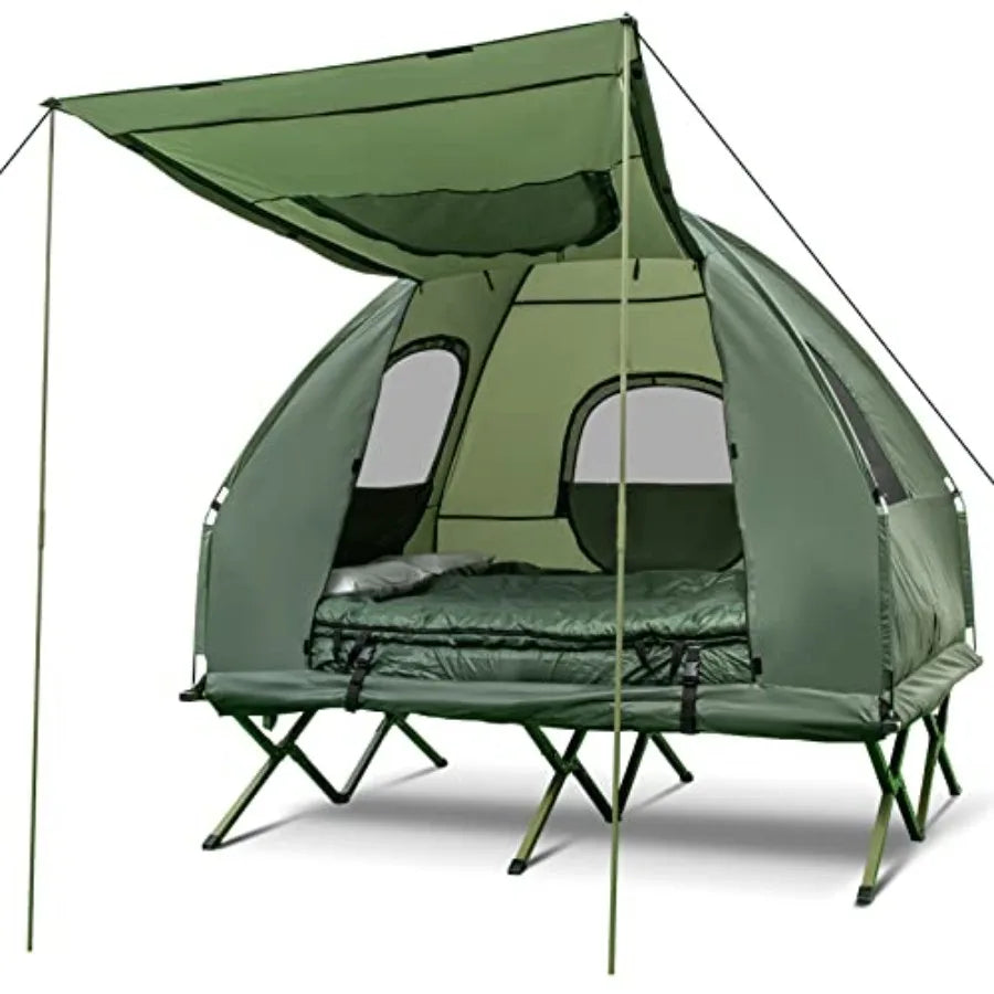 2-Person Foldable Elevated Camping Tent with Air Mattress Sleeping Bag Portable Dome Tent Cot for Hiking Camping Picnic in Grey