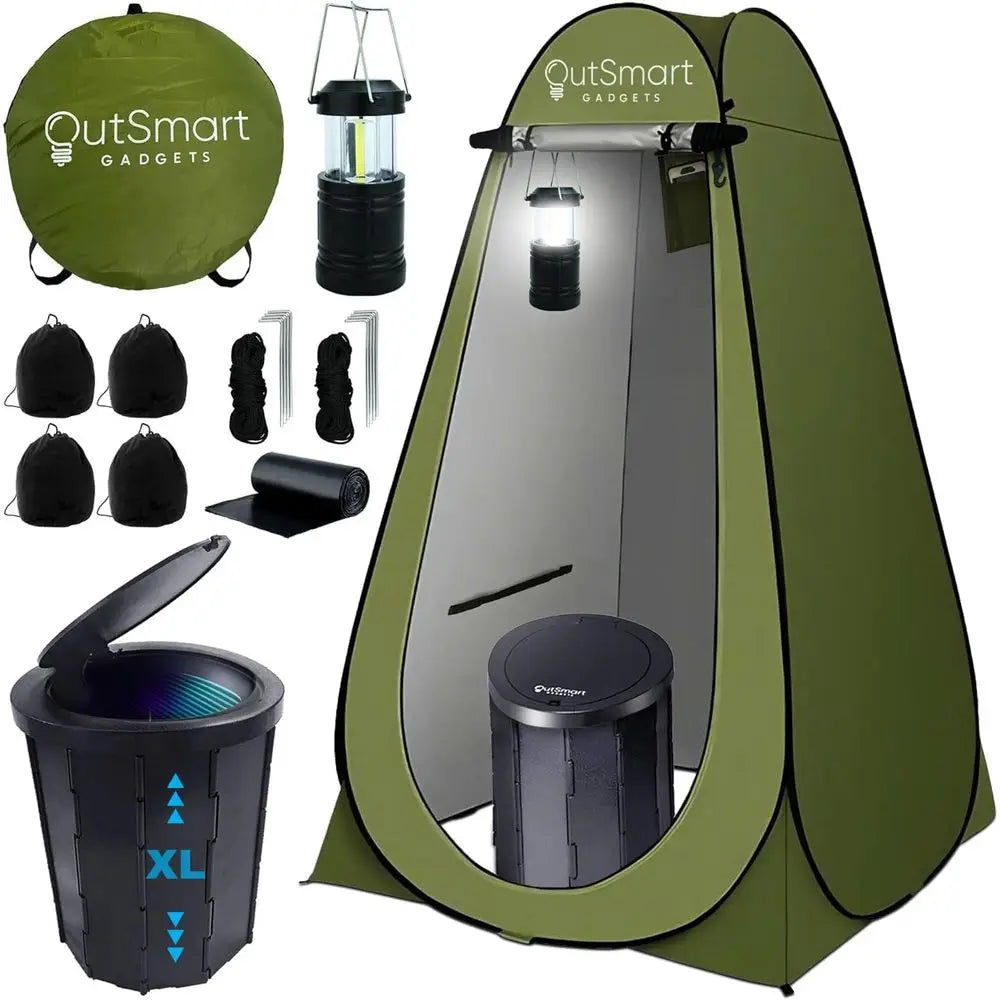 Outdoor Portable Toilet Set for Adults with Camping Night Lantern, Folding XL Toilet, Pop Up Privacy Tent and Carry Bags, Multip