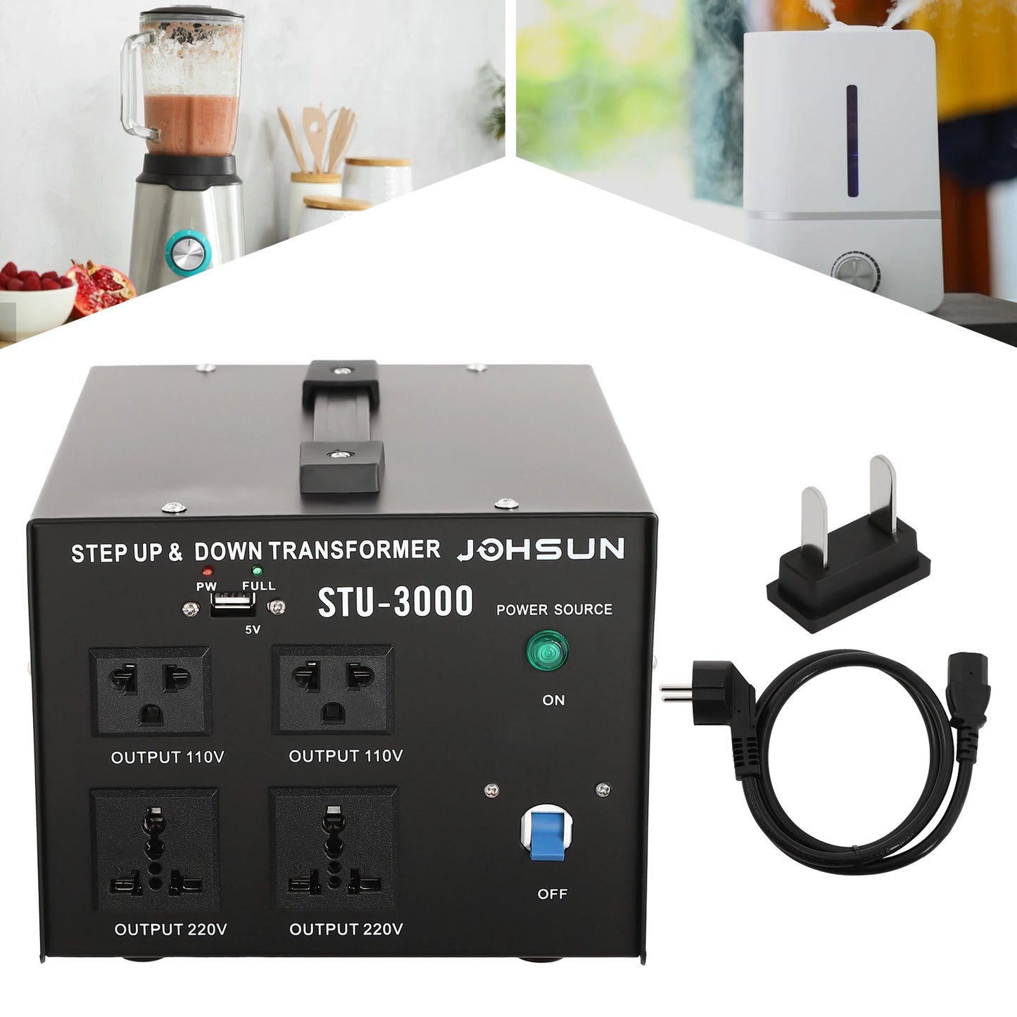 Voltage Converter Transformer 3000VA 2400W Step Up Down 110V 220V with 4 Outlets 2 Universal 2 US for Coffee Maker Rice Cooker Fridge Black EU Plug
