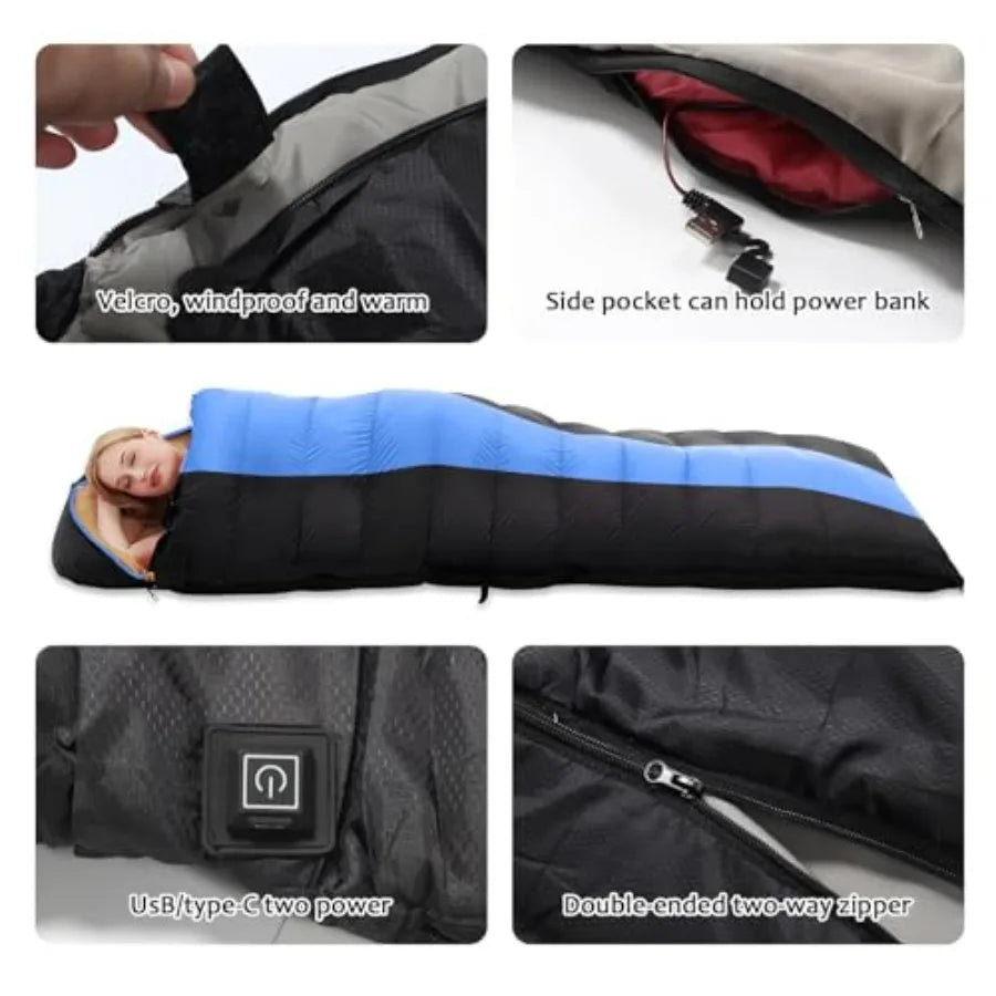 Heated - Portable USB Power Warm Sleeping Bag for Camping with 4 Heating Zones Cold Weather Sleeping Bag for All Season Camping