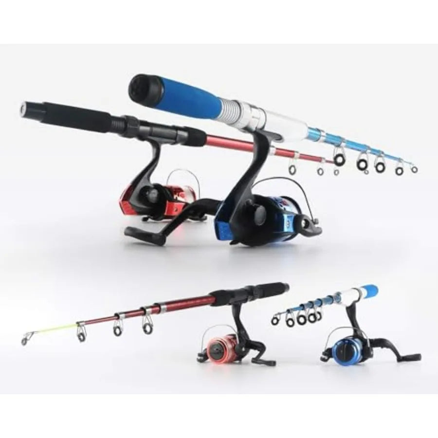 Fishing Rod Reel Combos for Youth: Telescopic Carbon Fiber Rods in Blue, Lightweight Portable with 2 Spinning Reels, Lures, Hoo