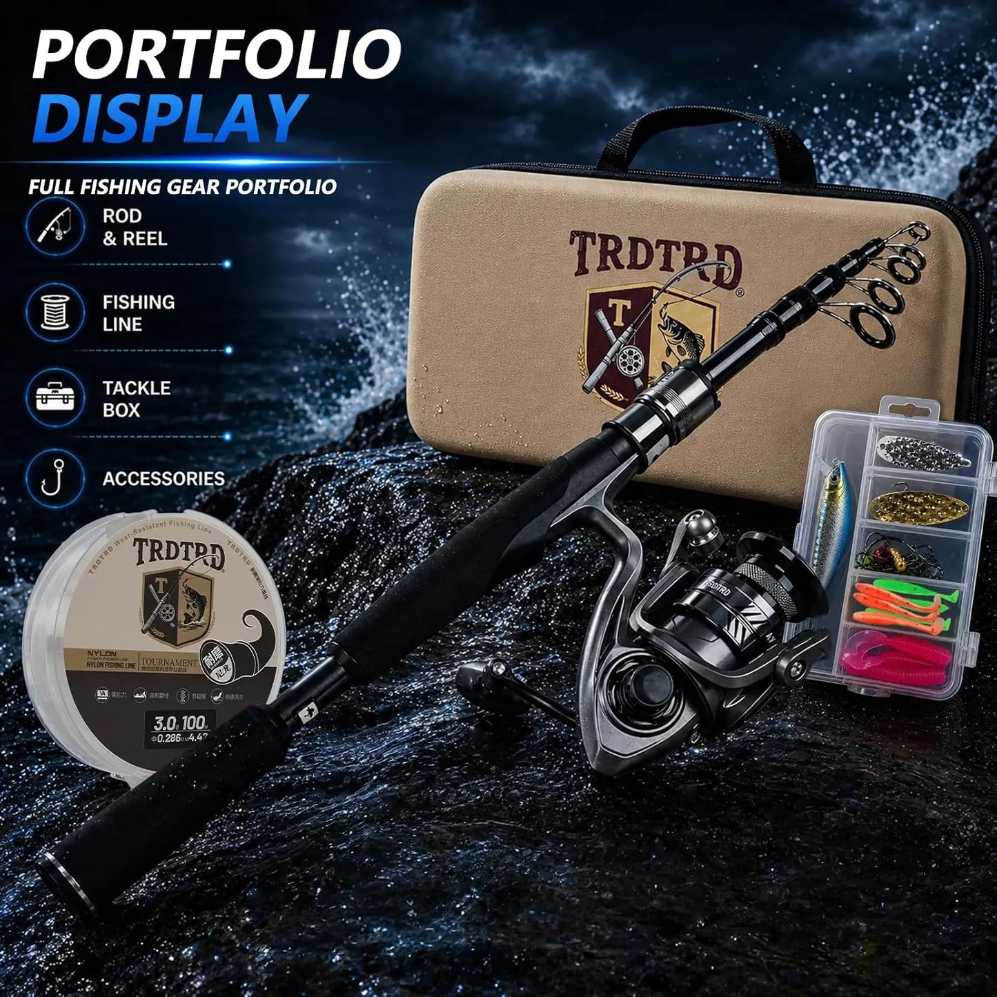 Telescopic Fishing Rod & Reel Combo Kit, Portable Travel Set with Tackle Box, Lures, Bag, 4.2oz Carbon Fiber, 5.2:1 Gear Ratio, Freshwater & Light Saltwater