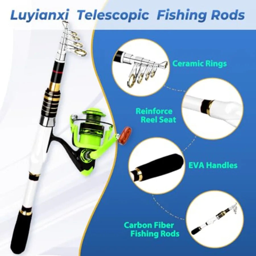 Telescopic Fishing Rod and Reel Combo 2PACK 5.9FT 6.89FT Carbon Fiber Travel Rod 2 Collapsible Spinning Reels 2 100m Line Carri